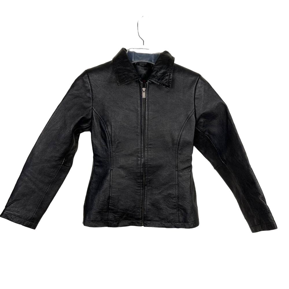 PHASE TWO Black 90s Leather‎ Zip Up Collard Jacket Girl's 10-12 Vintage Classic